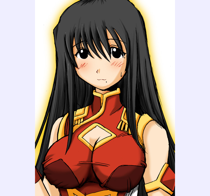 1girl, :3, armlet, bangs, bare_shoulders, black_eyes, black_hair, blush