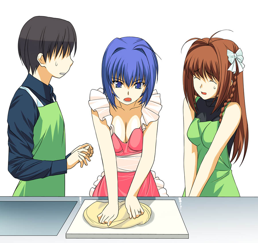 00s, 1boy, 2girls, a1, antenna_hair, apron, black_hair, blue_eyes