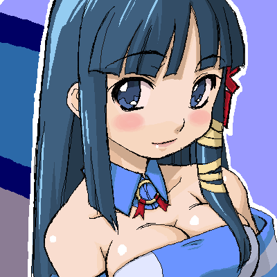 1girl, bare_shoulders, blue_eyes, blue_hair, blush, breasts, choker, cleavage