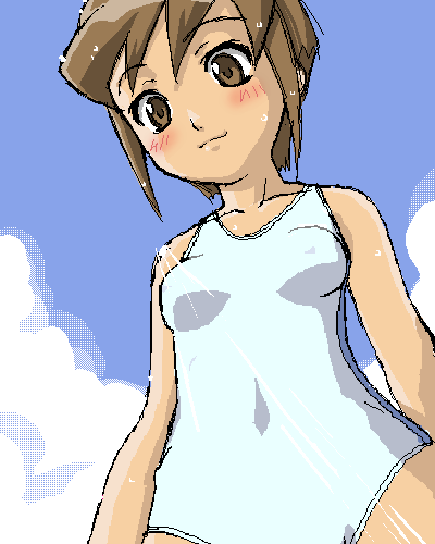 00s, 1girl, bangs, battle_programmer_shirase, blush, breasts, brown_eyes, brown_hair