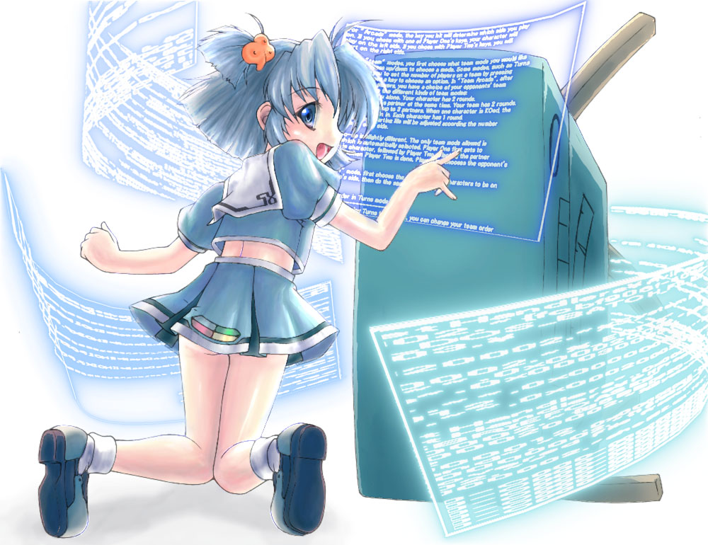 1girl, 98se-tan, blue_eyes, blue_hair, footwear, from_behind, kneeling, looking_back