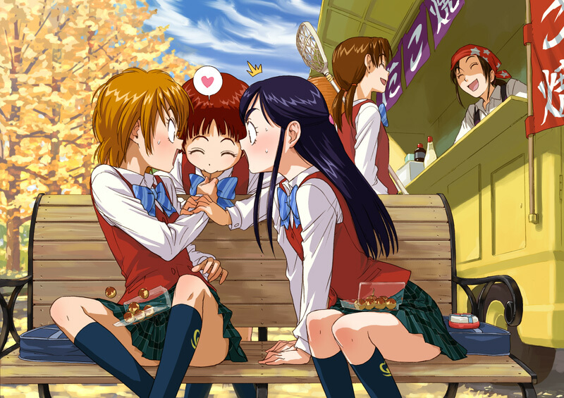 00s, 5girls, autumn_leaves, bench, biting, black_legwear, bow, bowtie