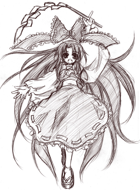 1girl, :d, amamizu_(myofuu_kai), arm_up, ascot, bow, female, frills