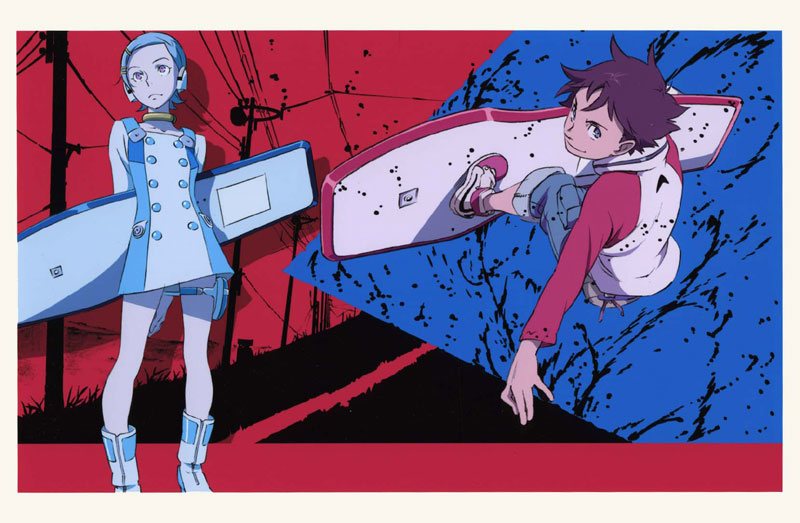 1boy, 1girl, boots, brown_hair, eureka, eureka_seven, eureka_seven_(series), flying