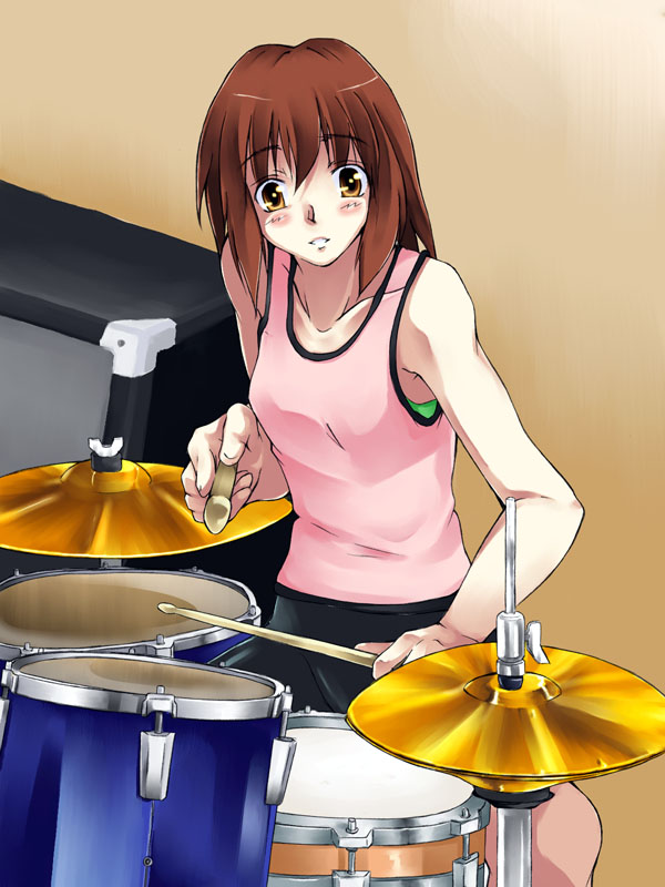 1girl, brown_hair, dozepara, drum, drum_set, drumsticks, instrument, original