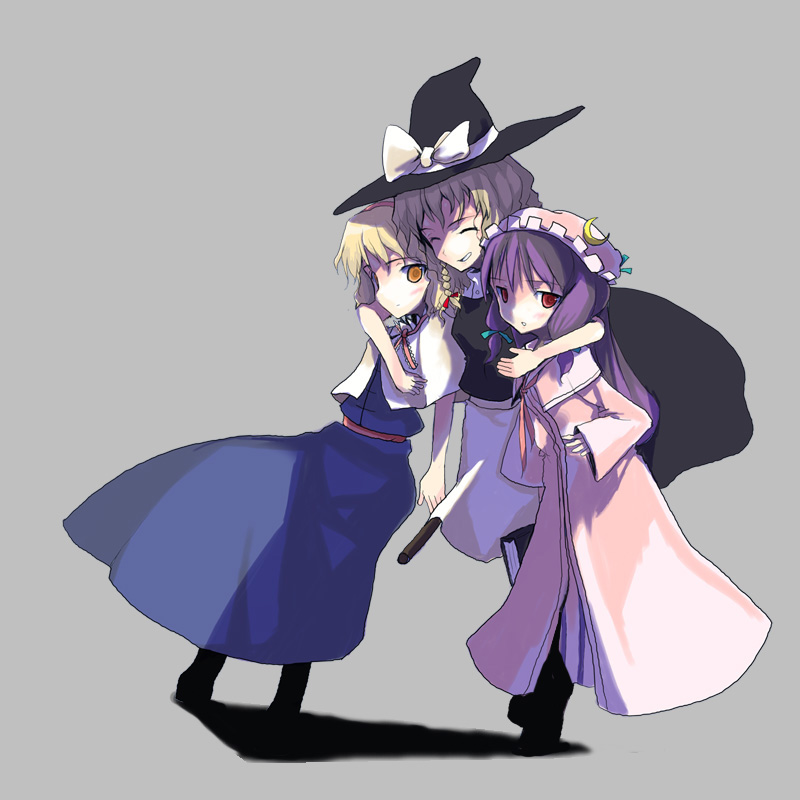 3girls, alice_margatroid, arm_around_neck, blonde_hair, bow, broom, broom_riding, closed_eyes