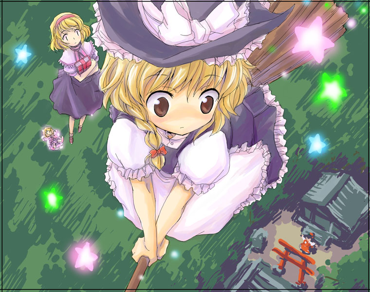 3girls, alice_margatroid, apron, atsumuchi, bangs, black_dress, blonde_hair, blue_dress