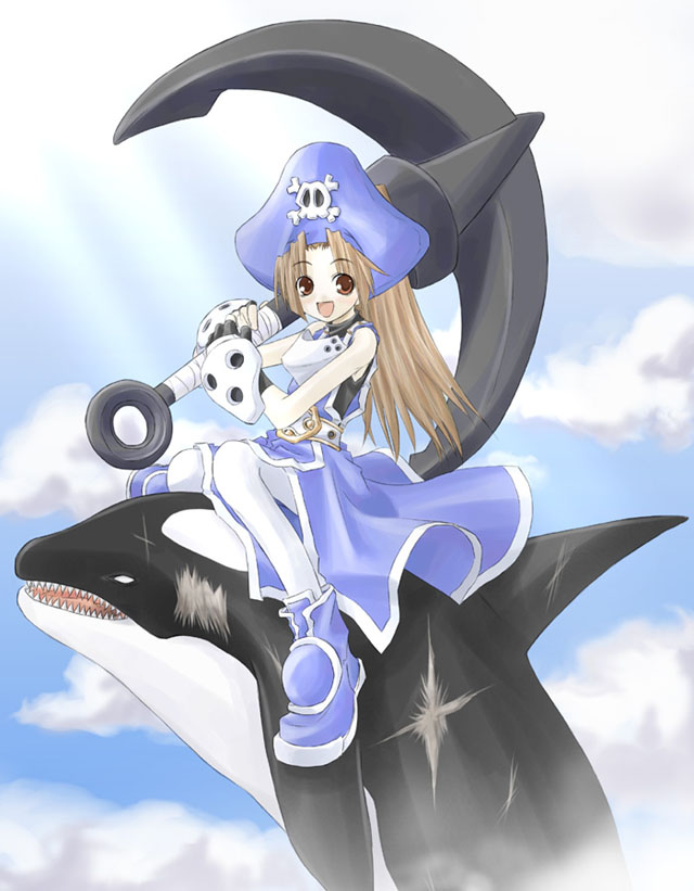 1girl, alternate_color, anchor, animal, arc_system_works, blue_hat, brown_eyes, brown_hair
