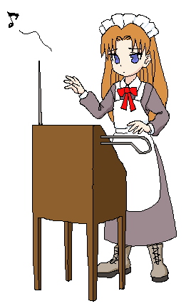 1girl, aliasing, blue_eyes, boots, brown_hair, futaba_channel, instrument, long_hair
