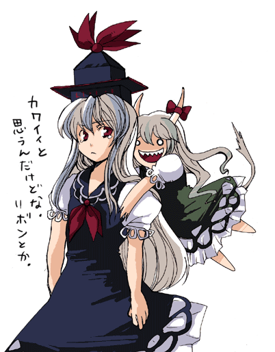 2girls, bow, dress, dual_persona, ex-keine, fangs, female, green_hair