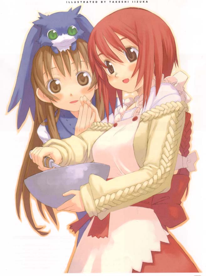 2girls, amer, animal, apron, bowl, braid, brown_eyes, brown_hair