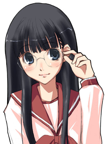 1girl, adjusting_glasses, bespectacled, black_hair, glasses, grey_eyes, iqu, kusakabe_yuuki