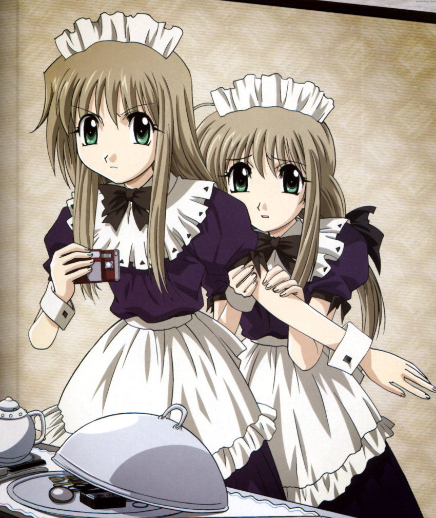 00s, 2girls, animaga, bonnet, futakoi, futakoi_alternative, green_eyes, highres, maid, maid_headdress, multiple_girls, ribbon, scan, shirogane_sara, shirogane_souju, siblings, sisters, twins, wrist_cuffs