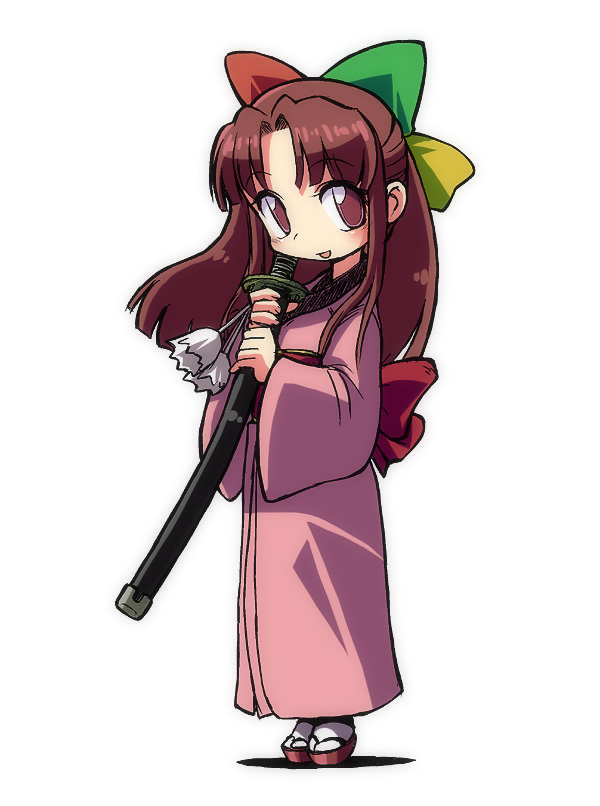 1girl, 95-tan, bow, brown_eyes, brown_hair, full_body, hair_bow, half_updo, holding, holding_sword, holding_weapon, japanese_clothes, katana, long_hair, looking_at_viewer, os-tan, solo, standing, sword, weapon