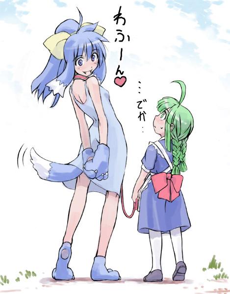 2girls, animal_ears, blue_eyes, blue_hair, bow, collar, green_eyes, green_hair