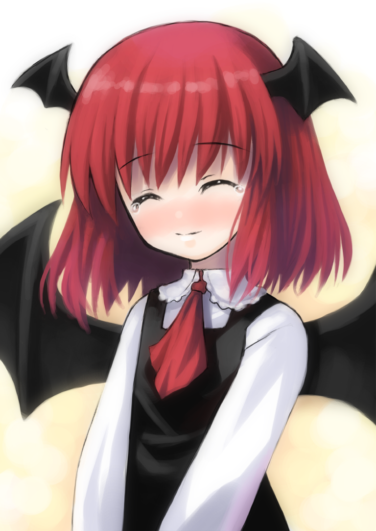 1girl, bat_wings, closed_eyes, female, head_wings, kagura_mizuki, koakuma, redhead