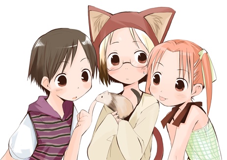 3girls, animal_ears, animal_hat, black_hair, blonde_hair, blush, brown_eyes, cat_ears