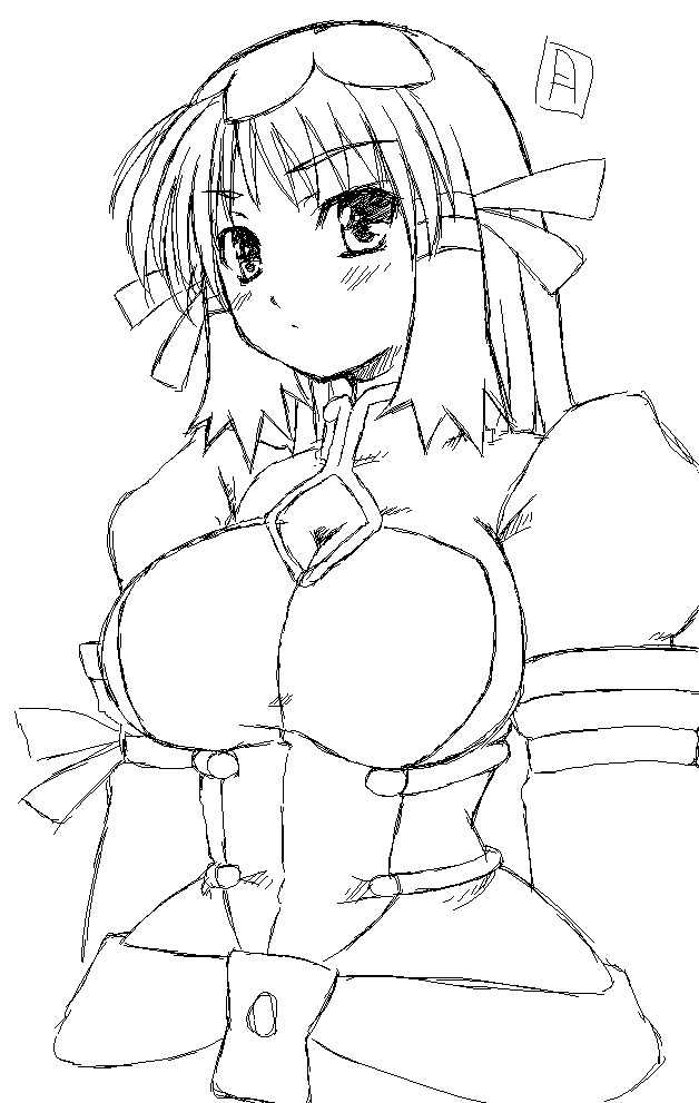 1girl, artist_name, blush, breasts, cleavage, gekkou_ookami, huge_breasts, large_breasts, monochrome, older, re_mii, sidelocks, simple_background, sketch, solo, white_background, zoids, zoids_genesis