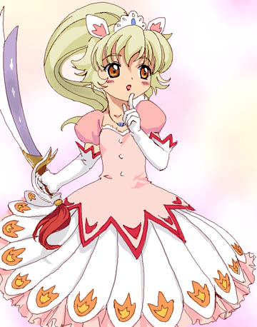 1boy, animal_ears, blonde_hair, blush, crossdressinging, dress, elbow_gloves, finger_to_mouth, fushigiboshi_no_futago_hime, gloves, jewelry, long_hair, lowres, male_focus, mutsuki_(moonknives), necklace, open_mouth, orange_eyes, pointing, ponytail, shogakukan, solo, sword, tiara, tio_(fushigiboshi_no_futago_hime), trap, weapon