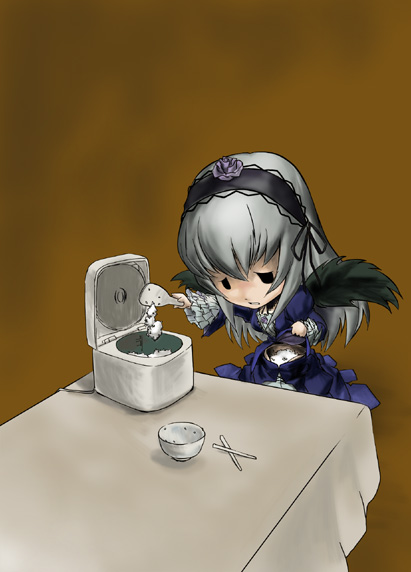 1girl, chopsticks, fine_art_parody, food, gothic, hungry, i_asked_for_scrambled, parody, rice, rice_bowl, rice_cooker, rozen_maiden, saba_(sio), silver_hair, solo, suigintou