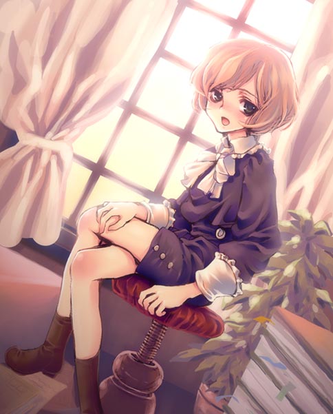 androgynous, blonde_hair, book, boots, green_eyes, lace, legs_crossed, open_mouth