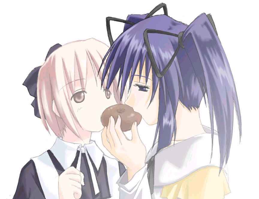 2girls, blue_hair, brown_hair, kimuraya_anko, kuro_(ukagaka), long_hair, multiple_girls, short_hair