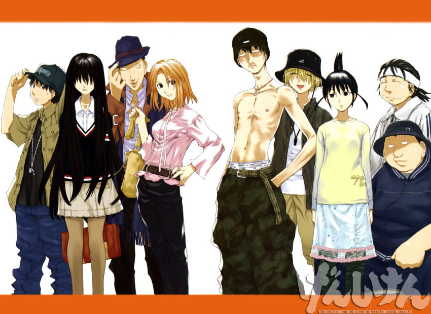 3girls, 6+boys, bag, bandanna, belt, bucket_hat, everyone, fashion