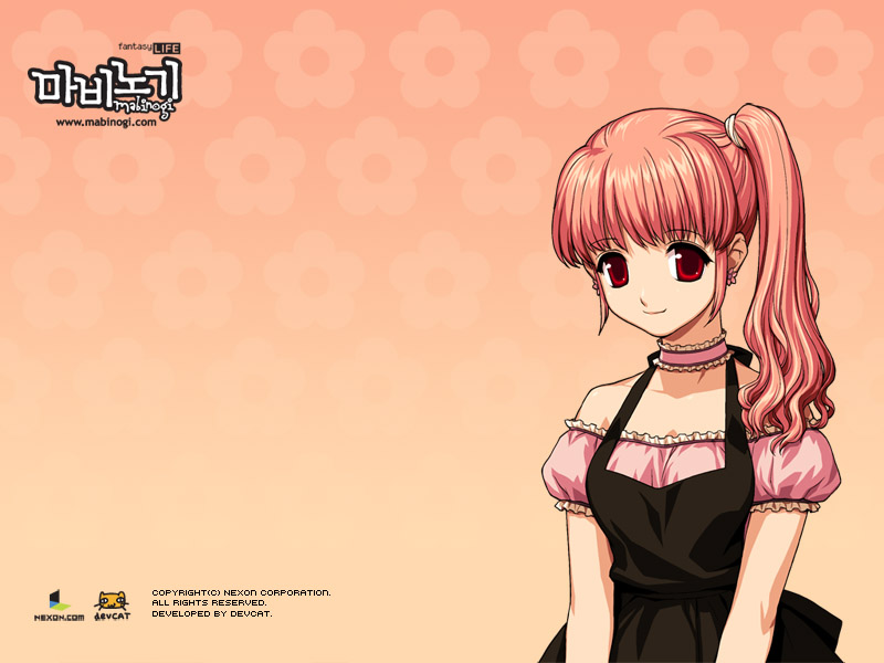 choker, del, korean, mabinogi, pink_hair, red_eyes, redhead, side_ponytail