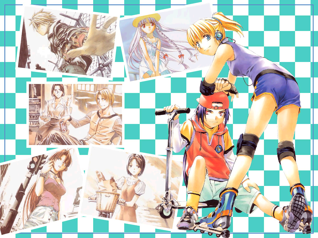 3boys, 5girls, antenna_hair, azmaria_hendric, backwards_hat, baseball_cap, basket, belt, bent_over, bicycle, black_hair, blonde_hair, blouse, blue_eyes, bracelet, braid, camisole, can, casual, chair, checkered, checkered_background, choker, chrno_crusade, chrono, cross, denim, dress, earphones, elbow_pads, everyone, ewan_remington, fiore, from_behind, glasses, groceries, ground_vehicle, hair_ribbon, hat, hood, hoodie, inline_skates, jacket, jeans, jewelry, kadokawa_shoten, kate_valentine, knee_pads, leather, leather_jacket, long_hair, looking_back, moriyama_daisuke, motor_vehicle, multiple_boys, multiple_girls, necklace, official_art, pants, pince-nez, pink_eyes, ponytail, purple_hair, red_eyes, redhead, ribbon, ring, roller_skates, rosette_christopher, satella_harvenheit, scooter, shirt, shoes, short_hair, short_shorts, shorts, sitting, skates, skirt, sleeveless, sleeveless_shirt, smile, sneakers, socks, spiky_hair, studded_belt, sundress, table, tress_ribbon, twin_braids, vehicle, very_long_hair, wallpaper, white_hair, wind