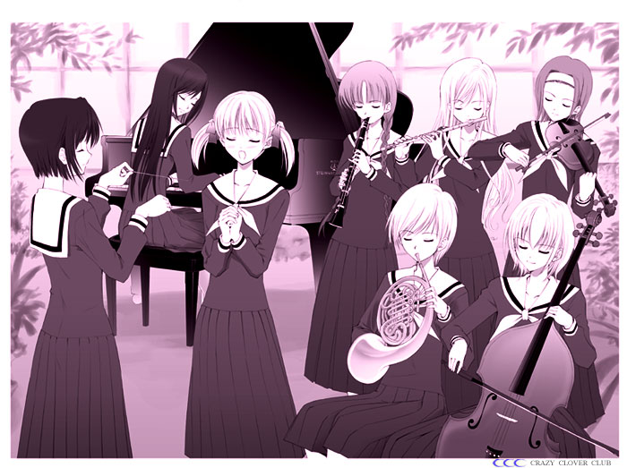 00s, 6+girls, cello, clarinet, flute, french_horn, fukuzawa_yumi, grand_piano