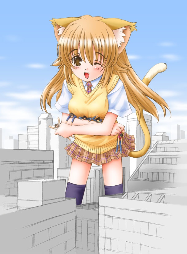 1girl, ;d, animal_ears, cat_ears, cat_tail, eichikei_(hakuto), fang, femdom