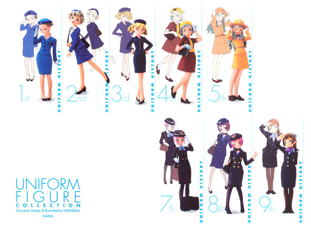 6+girls, airline, all_nippon_airways, comparison, figure, flight_attendant, hat, multiple_girls