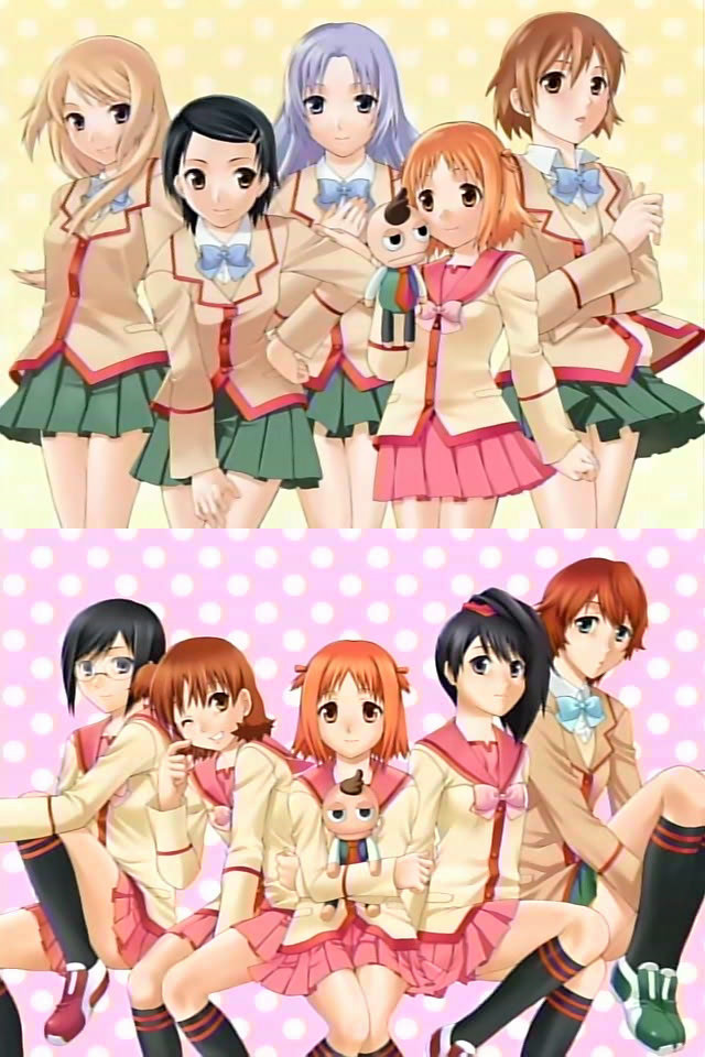 6+girls, asymmetrical_hair, black_hair, blonde_hair, bow, brown_hair, cyndi_manabe, everyone