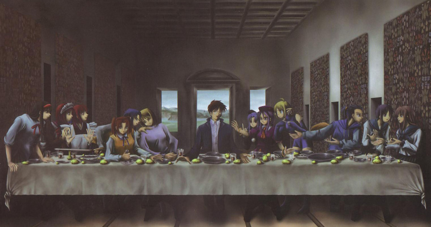 1boy, 6+girls, arcueid_brunestud, blonde_hair, ciel, everyone, fine_art_parody, hisui