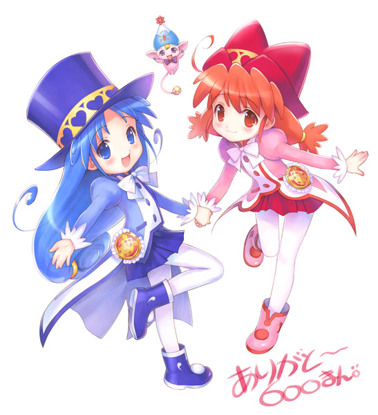 2girls, blue_hair, bow, coat, fine, full_body, fushigiboshi_no_futago_hime, goto_p