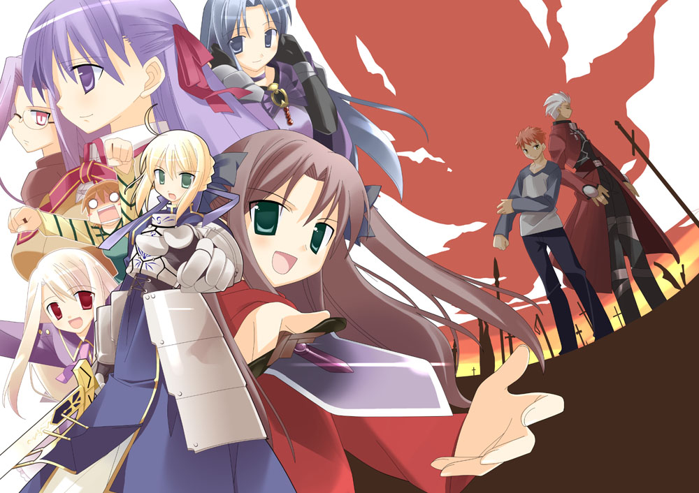 2boys, 6+girls, arata_toshihira, archer, armor, armored_dress, blonde_hair, caster