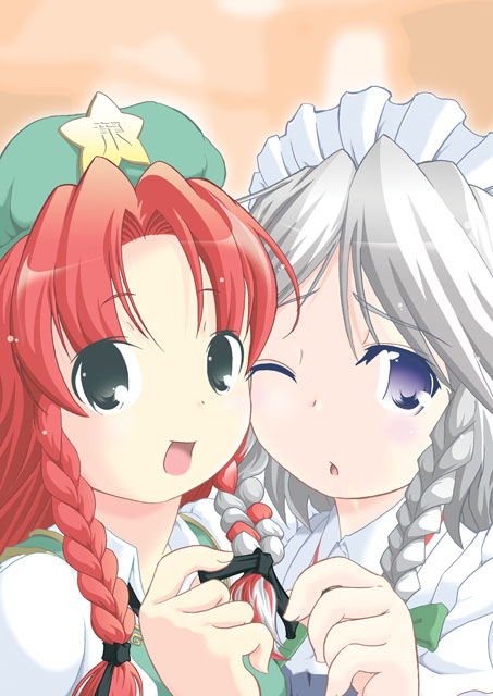 2girls, :d, ;o, black_eyes, blue_eyes, bow, braid, female