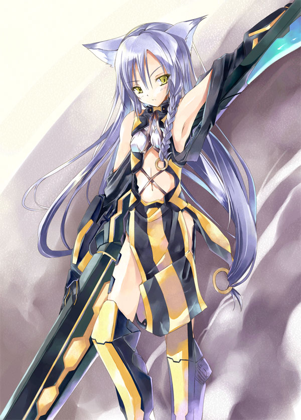 1girl, animal_ears, armpits, braid, cannonball_~neko_neko_machine_mou-race!~, cat_ears, flat_chest, foxbat_(cannonball)