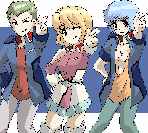 1girl, 2boys, auel_neider, bare_shoulders, blonde_hair, blue_hair, boots, crossover