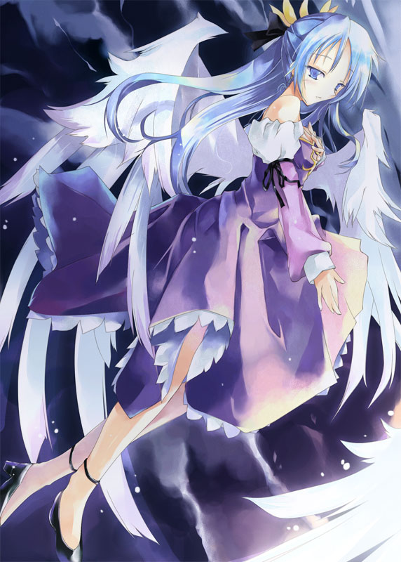 1girl, bare_shoulders, blue_eyes, blue_hair, claudia_(shinrabanshou), detached_sleeves, dress, half_updo