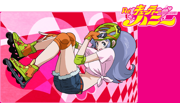 00s, 1girl, blue_eyes, blue_hair, cutie_honey, cutie_honey_(character), denim, denim_shorts