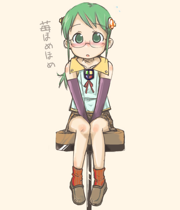 1girl, elbow_gloves, glasses, gloves, green_eyes, green_hair, hair_ornament, homeo, ichigo_mashimaro, long_hair, os-tan, parody, ponytail, sitting, skirt, socks, solo, xp_home-tan, xphome, xpmc