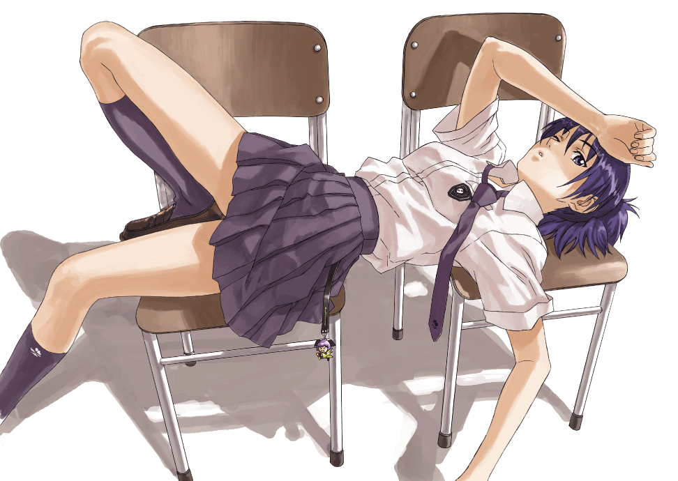 1girl, black_legwear, blue_hair, chair, footwear, kneehighs, leg_up, loafers