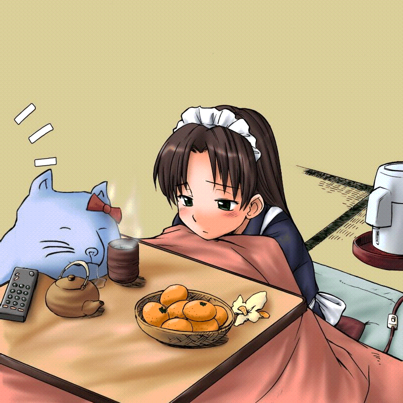 1girl, animated, animated_gif, brown_hair, cat, food, fruit, futaba_channel