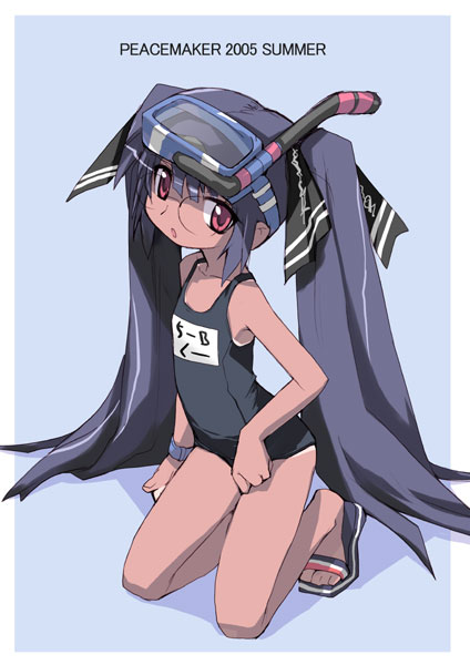 1girl, black_hair, e=mc2_(mosimosi), glasses, kneeling, kooh, long_hair, name_tag, one-piece_swimsuit, pangya, red_eyes, sandals, school_swimsuit, scuba, simple_background, snorkel, solo, swimsuit, tan, twintails
