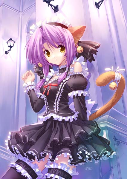 animal_ears, bell, black_legwear, cat_ears, cat_tail, duplicate, earrings, frills