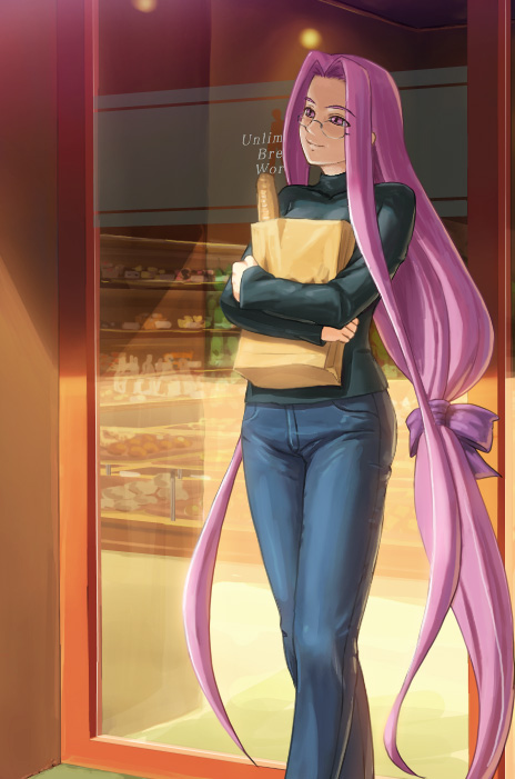 1girl, bread, casual, denim, fate/hollow_ataraxia, fate/stay_night, fate_(series), food, glasses, jeans, long_hair, long_sleeves, low-tied_long_hair, pants, pink_eyes, ponytail, purple_hair, rider, smile, solo, tani, tied_hair, turtleneck, very_long_hair, violet_eyes