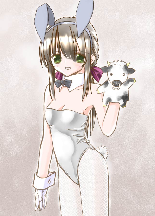 bull, bunny_ears, bunnysuit, fishnet_pantyhose, fishnets, gloves, green_eyes, hand_puppet