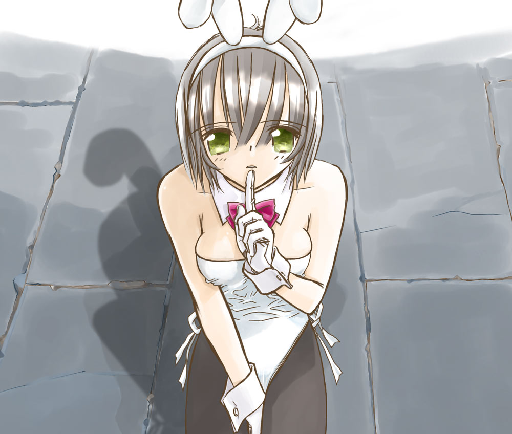 bunny_ears, bunnysuit, green_eyes, katao_kapiroshi, original, pantyhose, rabbit_ears, short_hair, silver_hair
