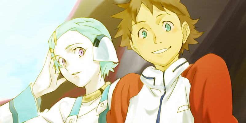 1boy, 1girl, aqua_hair, brown_hair, collarbone, eureka, eureka_seven, eureka_seven_(series)